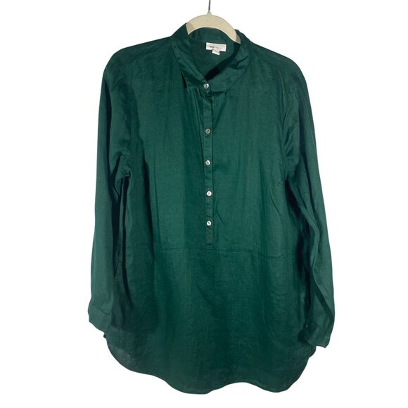 J. Jill Love Linen tunic top jewel toned Green Button-Down roll tab Sleeve Shirt - Picture 1 of 8